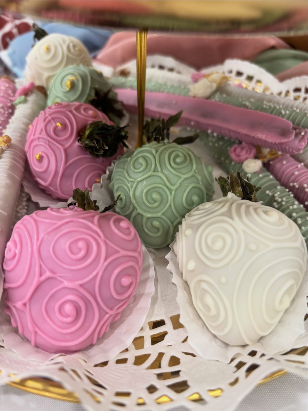 Pink, sage and white swirled strawberries
